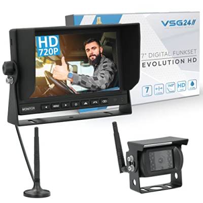 VSG24 9“ Evolution HD XL Funk Rückfahrsystem für Wohnmobil & LKW, KFZ Set kabellos inkl. Rückfahrkamera + Monitor, einfach zum DIY Nachrüsten 12V-24V, Kamera digital, Auto Rückspiegel Einparkhilfe von VSG