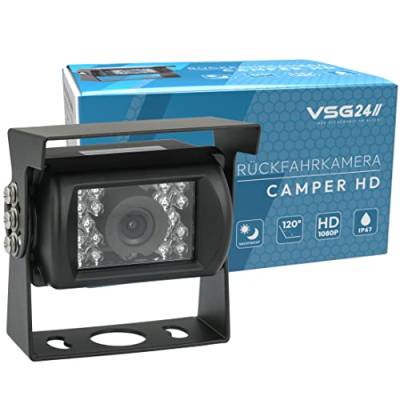 VSG24 Camper HD Rückfahrkamera Wohnmobil Wohnwagen/Rückfahrsystem Camera/Nachtsicht & Wetterfest/einfaches Nachrüsten Einparkhilfe Kamera hinten Frontkamera LKW Anhänger 12V-24V Schwarz von VSG