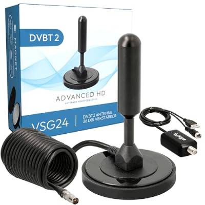 VSG24 DVBT2 Antenne mit Verstärker 36Dbi+ HDTV Zimmerantenne für Fernseher, max. Signalqualität durch ALU-Kern, 5m Kabel DVB-T2 Antenne Fernseher freenet tv innen außen von VSG