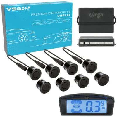 VSG24 Premium Kombi Einparkhilfe mit Display zum nachrüsten am Auto, PDC Parksensoren Vorne Hinten mit Stecksystem für einfachste Montage - 8 Rückfahrwarner Sensoren Parkhilfe Nachrüstsatz Schwarz von VSG