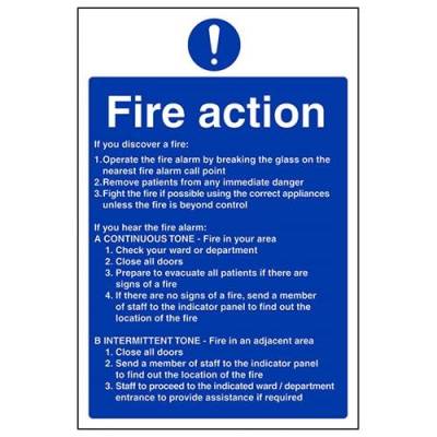 vsafety 12019 MIG au-s Fire Action Sign, Krankenhaus/Still Fire Action, selbstklebend, Portrait, 200 mm x 300 mm, blau von VSafety