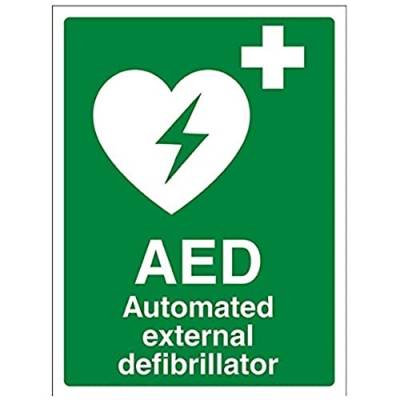 vsafety 31033 an-s "AED Automatiesierter Externer Defibrillator" Erste Hilfe Allgemeine Zeichen, selbstklebend, Hochformat, 150 mm x 200 mm x 200 mm, grün von VSafety