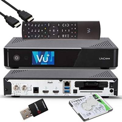 VU+ UNO 4K SE - UHD HDR 1x DVB-S2 FBC Sat Twin Tuner E2 Linux Receiver, YouTube, Satellit Festplattenreceiver, CI + Kartenleser, Media Player, USB 3.0, EasyMouse HDMI-Kabel, 2TB HDD, 300 Mbit WiFi von VU+