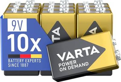 VARTA Batterien 9V Blockbatterien, 10 Stück, Power on Demand, Alkaline, Vorratspack, smart, flexibel, leistungsstark, ideal für Rauchmelder, Brand- & Feuermelder [Exklusiv bei Amazon],Silber von Varta