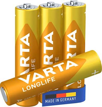 VARTA Batterien AAA, 4 Stück, Longlife, Alkaline, 1,5V, ideal für Fernbedienungen, Wecker, Radios, Made in Germany von Varta