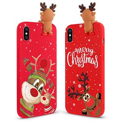 Vauki [2 Stück Weihnachten Hülle für iPhone XS/X, Rot Silikon Handyhülle 3D Cartoon Christmas REH mit Puppe Süß Case Christmas Muster Motiv Design für iPhone XS 5.8", Lächeln Hirsch von Vauki
