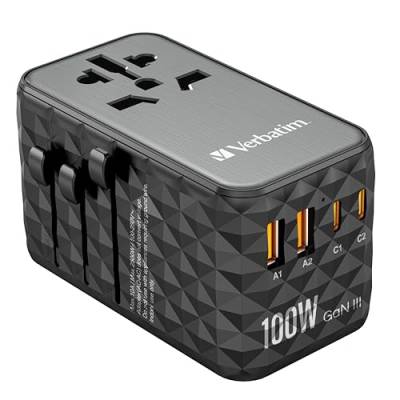 Verbatim GaN Universal Reiseadapter UTA‑05, Steckdosenadapter mit 2 USB‑A und 2 USB-C Anschlüssen, Schnellladegerät für Laptop, Handy, Kamera und Co, Reisestecker weltweit einsetzbar, 100-250 V von Verbatim