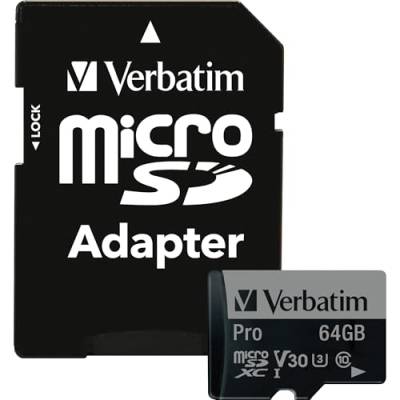 Verbatim Pro U3 Micro SDXC Speicherkarte mit Adapter, 64 GB, Datenspeicher für 4K Ultra HD Video-Aufnahmen, Micro SD Karte in schwarz, ideal für Action-Cams, Camcorder, Smartphones und Tablets von Verbatim
