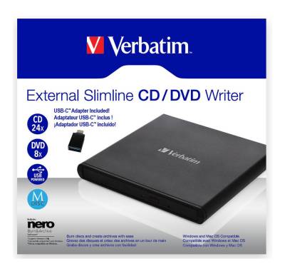 Verbatim Slimline USB 2.0 inklusive USB-A-zu-USB-C-Adapter Externer DVD-Brenner DVD-Brenner von Verbatim