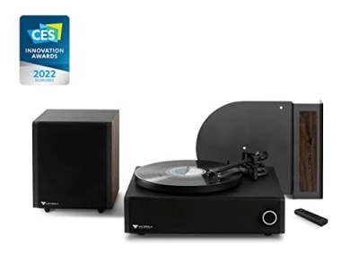 Victrola Premiere V1 Musiksystem - Dualer Bluetooth-Schallplattenspieler, interne Stereo-Lautsprecher, drahtloser Subwoofer mit Vinyl-Stream, VPMS-1 System, Espresso von Victrola