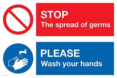 Schild „Stop Germs Please Wash Your Hands“, Kunststoff, halbstarr, 1 mm von Viking Signs