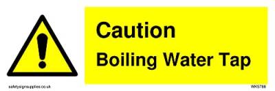 Warndreieck, Warnschild mit Aufschrift "Boiling Water Tap Safety Warning with exclamation in warne", 150 x 50 mm, L15 von Viking Signs
