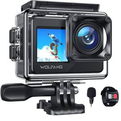 WOLFANG Action Cam 4K 20MP WiFi GA120, 40M wasserdichte Unterwasserkamera zum Schnorcheln, 170° Weitwinkel Dual Screen Vlogging Kamera mit EIS, externem Mikrofon, Fernbedienung von WOLFANG