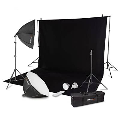 Walimex Pro Premium Fotostudio Set inkl. 2X Lampenstativ mit 2X LED 45W Octagon Ø65cm Bi Color und komplettem Teleskop Hintergrundsystem 120-307 cm mit Stoffhintergrund schwarz von Walimex pro