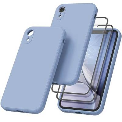 Wanme HandyHülle für iPhone XR, 【1 Hülle + 2 Stück Panzerfolie】für iPhone XR Schutzfolie, Ultradünne Vollschutz Flüssigsilikonhülle 360 Grad Schutzhülle für iPhone XR (Grau blau) von Wanme