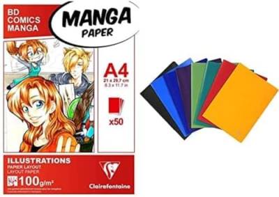 Set aus: Clairefontaine 94042C Layoutblock für Manga Comics, ideal für Illustratione, DIN A4 21 x 29,7 cm, 50 Blatt & Exacompta 85100E Premium Sichtmappe DIN A4 mit 100 Klarsichthüllen Zufallsfarbe von Withings