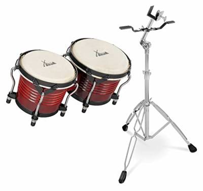 XDrum Bongos Pro Weinrot - 2 Trommeln mit 6,5" (17 cm) und 7,5" (20 cm) Durchmesser - Bongotrommeln mit stimmbaren Naturfellen, Stimmschlüssel und Ständer - Holztrommeln Rot von XDrum