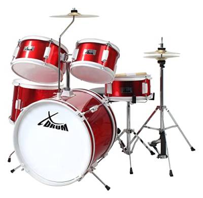 XDrum Junior Kinder Schlagzeug Drumset (geeignet von 5-9 Jahren, mit viel Zubehör, Schule, DVD) Rot von XDrum