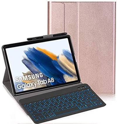 YHFZR Tastatur Hülle für Galaxy Tab A8 2021, [Deutsches QWERTZ] Slim Hülle mit 7 Farben Beleuchtung Kabellose Tastatur mit Schützhülle für Samsung Galaxy Tab A8 SM-X200/205 10,5'', Roségold von YHFZR