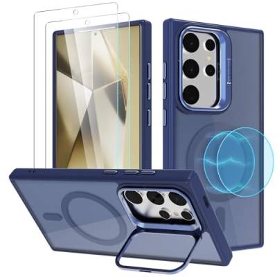 YIRSUR Hülle Kompatibel mit Samsung Galaxy S24 Ultra mit 2 Stück Glasfolie für MagSafe mit Ständer [Unsichtbarer Kameraständer], Hart PC Stoßfeste Kratzfeste Transluzent Matte Handyhülle, Blau von YIRSUR