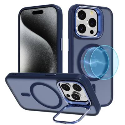 YIRSUR Hülle Kompatibel mit iPhone 15 Pro Max für MagSafe mit Ständer [Unsichtbarer Kameraständer], Hart PC Stoßfeste Kratzfeste Schutzhülle Transluzent Matte magnetisches Handyhülle, blau von YIRSUR