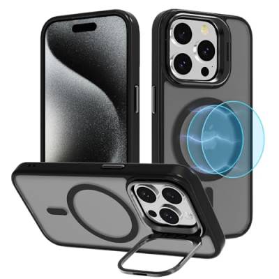 YIRSUR Hülle Kompatibel mit iPhone 15 Pro für MagSafe mit Ständer [Unsichtbarer Kameraständer], Hart PC Stoßfeste Kratzfeste Schutzhülle Transluzent Matte magnetisches Handyhülle, Schwarz von YIRSUR