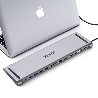 YLSCI 13-in-1 Laptop Docking Station, USB C Hub 4K HDMI x 2, VGA x 1, USB 3.0 x 2, USB 2.0 x 2, SD/TF-Kartenleser, Gigabit-Ethernet RJ45, Audio, USB-C, PD 2.0 für MacBook Air/MacBook Pro/Surface Pro von YLSCI