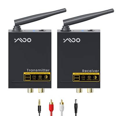 YMOO 2,4GHz Audio funkübertragung Sender Empfänger Kit, Cinch 3.5mm Klinke Audio Adapter, 20ms niedrige Latenz, 48kHz/24Bit HiFi Stereo für TV/PC zu Subwoofer/Lautsprecher/CD Player/Amp,320 Fuß von YMOO