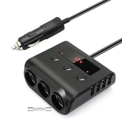 Auto Ladegerät Car Charger, 3 Fach KFZ Verteiler 12/24V Mehrfachstecker Zigarettenanzünder USB Autoladegerät Adapter Steckdose Splitter Voltmeter Schalter 4 USB Port für GPS Cam Tablet Handy von YONGYAO