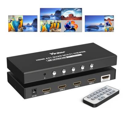 Yinker 4K HDMI Multiviewer 4x1 4K@30Hz Seamless HDMI Vierfach-Switcher 4 in 1 Out für Sicherheitskamera, Spielkonsolen Single/Quad/Dual/PBP Modi mit IR Fernbedienung von Yinker