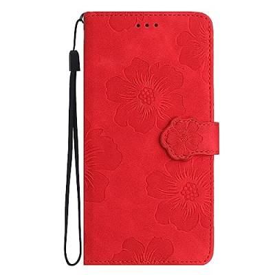 Lederhülle Kompatibel mit Samsung Galaxy A41 Hülle, Blume Muster PU Leder Klapphüllen Schutzhülle Brieftasche Handyhülle Magnetisch Kartenfach Flipcase, Rot von Yiscase