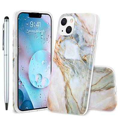 Yiscase Marmor Hülle Kompatibel mit iPhone 13 Hülle Silikon Matt, Weich TPU Handyhülle Ultra Dünn Case Flexible Marble Schutzhülle mit Pen für iPhone 13, 6.1''(2021) - Grau Lila von Yiscase