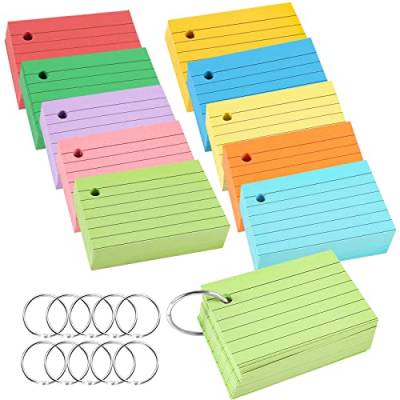 600 Blätter Karteikarten A8, 150g/m² Vokabelkarten Bunt Papier Karten Karteikarten Liniert Flashcards mit 10 Binderinge für Vokabel Lernen Erinnerung Präsentation (10 Farben) von Yoosso