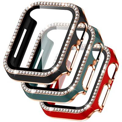 3Stück kompatibel für Apple Watch 45mm 41mm 44mm 40mm Bling Hülle mit Displayschutz aus gehärtetem Glas, Hart PC Kristall Diamant Strassstein Schutzhülle für iWatch 8 7 6 5 4 SE von YuiYuKa