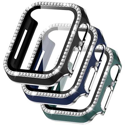 YuiYuKa 3Stück kompatibel für Apple Watch 45mm 41mm 44mm 40mm Bling Hülle mit Displayschutz aus gehärtetem Glas, Hart PC Kristall Diamant Strassstein Schutzhülle für iWatch 8 7 6 5 4 SE von YuiYuKa