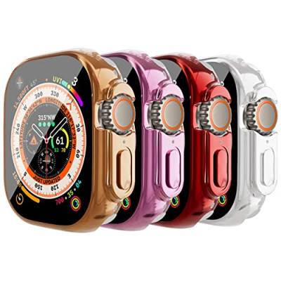 YuiYuKa 4 Stück TPU Hülle für Apple Watch Ultra 49mm, Displayschutzfolie weiche ultradünne kratzfeste Rundum Case Schutzhülle für iWatch Serie 8 Ultra,Roségold+Rosa+Rot+Silber von YuiYuKa