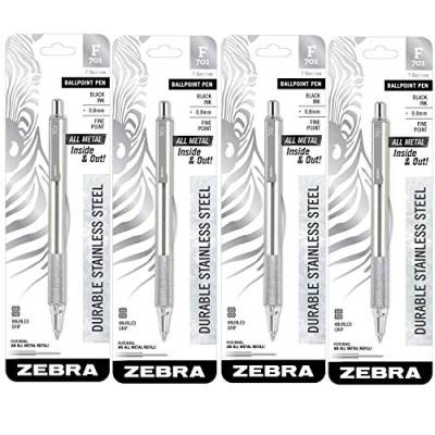 Zebra F-701 Kugelschreiber aus Edelstahl, Druckkugelschreiber, schwarze Tinte, feine Spitze, 4 Stück (29411) von Zebra Textil