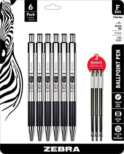 Zebra Pens Fine Point F 301, Combo Pack of 6 BLACK INK Metal Pens with 3 BLACK INK REFILLS, Ballpoint Stainless Steel Retractable 0.7mm fine point ink pens with .7 mm F-301 Pen Refill von Zebra Textil