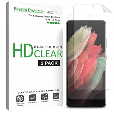 amFilm (2 Stück Schutzfolie Kompatibel mit Samsung Galaxy S21 Ultra (6.8 Zoll), Hüllenfreundliche (Einfache Installation) HD Klar Elastische TPU Folie Displayschutzfolie (2021) von amFilm