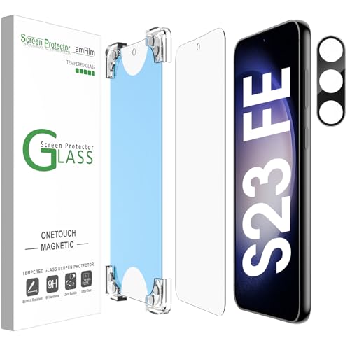 amFilm 2+1 Magnetischer OneTouch Kompatibel mit Samsung Galaxy S23 FE Displayschutzfolie 2023, Gehärtetes Glas + Kameraobjektivschutz, Fingerabdruck-ID-kompatibel, einfache Installation von amFilm