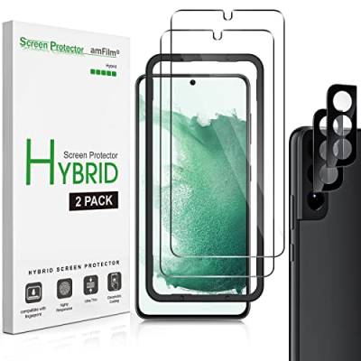 amFilm 2+2 Stück Hybrid Schutzfolie für Samsung Galaxy S22 5G mit Glas Kamera Objektivschutz, [Fingerabdruck ID kompatibel], HD Clear mit Easy Installation Tray von amFilm