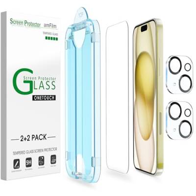 amFilm 2+2 Stück OneTouch Glas Schutzfolie Kompatibel mit Neues iPhone 15 (6.1", 2023) mit Easy Installation Kit, Hülle Freundlich von amFilm
