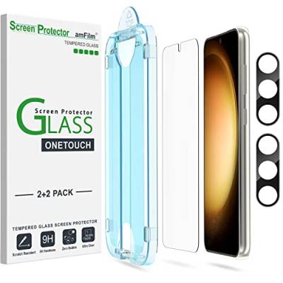 amFilm 2+2 Stück OneTouch Schutzfolie aus Gehärtetem Glas für Samsung Galaxy S23 Plus 5G, Härte 9H mit Kameraobjektivschutz aus Glas, Einfachste Installation und Blasenfrei von amFilm