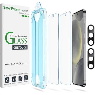 amFilm 2+2 Stück OneTouch-Schutzfolie für Samsung Galaxy S24 5G, Härte 9H mit Kameraobjektivschutz aus Gehärtetem Glas, Einfachste Installation und Blasenfrei von amFilm