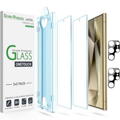 amFilm 2+2 Stück OneTouch-Schutzfolie für Samsung Galaxy S24 Ultra 5G, Härte 9H mit Kameraobjektivschutz aus Gehärtetem Glas, Einfachste Installation und Blasenfrei von amFilm