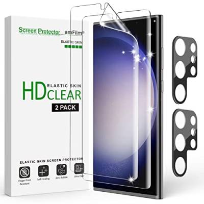 amFilm 2+2 Stück TPU Schutzfolie für Samsung Galaxy S23 Ultra 5G mit Glas Kamera Objektivschutz, [Fingerabdruck ID kompatibel], HD Clear, TPU-Folie Volle Abdeckung von amFilm