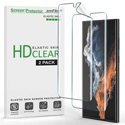 amFilm 2 Stück Displayschutzfolie für Samsung Galaxy S22 Ultra 5G 6,8 Zoll, Fingerabdruck-ID-kompatibel, mit Easy Installation Ausrichtungswerkzeug und Video, HD Clear, TPU-Folie Volle Abdeckung von amFilm