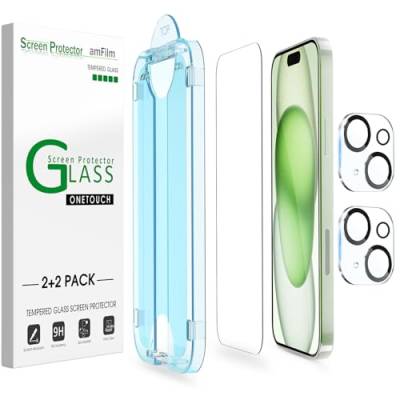 amFilm OneTouch Glas Schutzfolie 2+2 Stück Kompatibel mit iPhone 15 Plus (6.7", 2023) mit Easy Installation Kit, Hülle Freundlich von amFilm