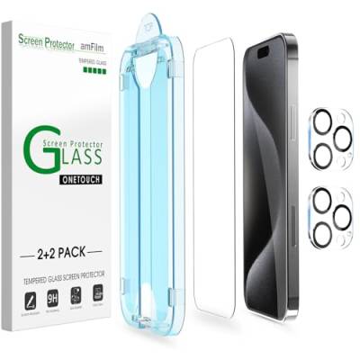 amFilm OneTouch Glas Schutzfolie Kompatibel mit iPhone 15 Pro (6.1", 2023) mit Easy Installation Kit, Hülle Freundlich (2) von amFilm