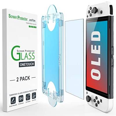 amFilm OneTouch Schutzfolie für Nintendo Switch OLED Modell 2021 - Mit Auto Alignment Kit, Blasenfrei [2 Stück] von amFilm